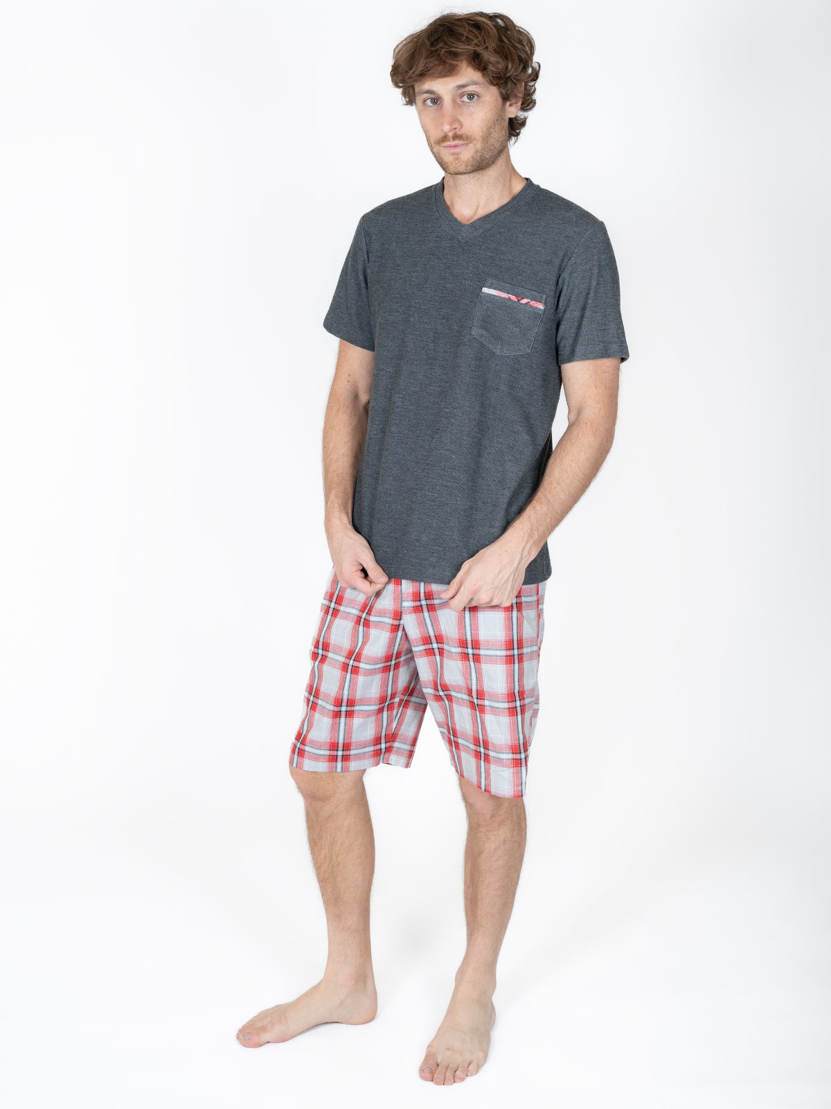 Creaciones Parisinas, Pijama caballero, short cuadros playera manga corta 100% algodón.