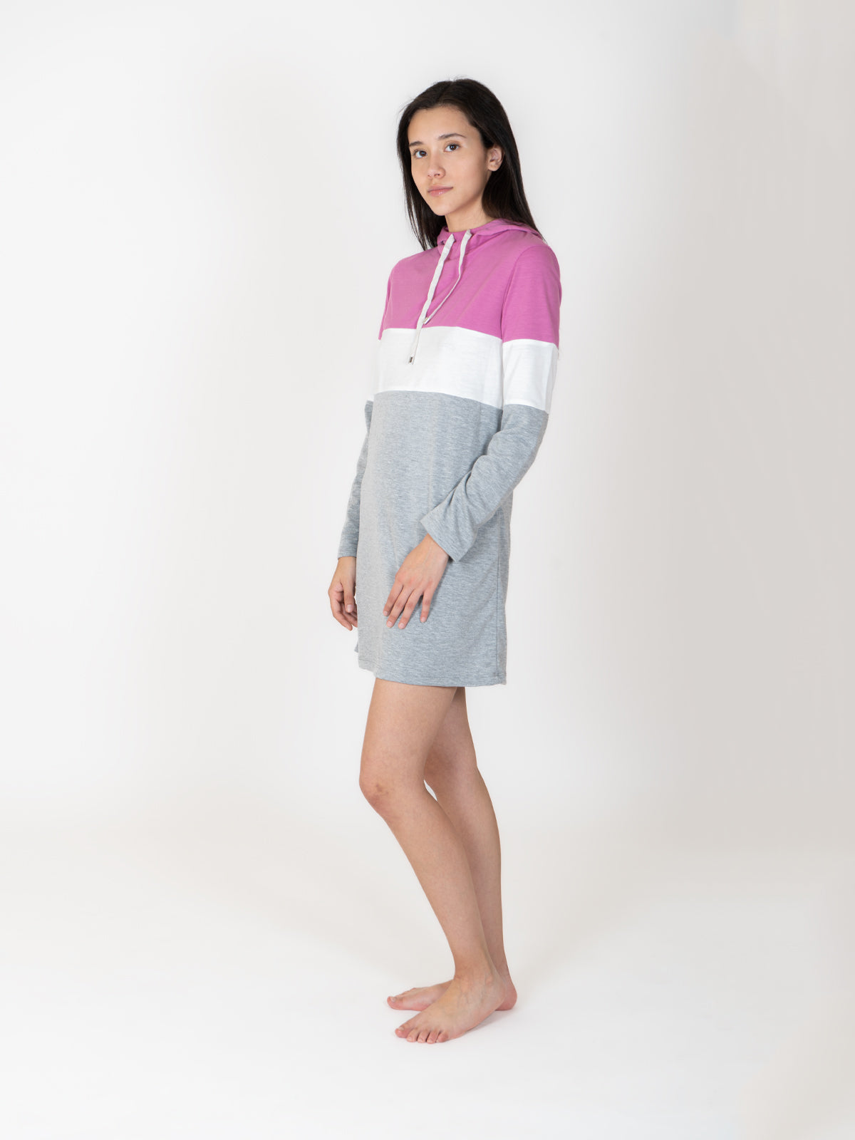 TIL2211-085 CAMISON EN FRENCH TERRY ,SUDADERA MANGA LARGA CON BATA EN COLOR ROSA, CAPUCHA CON CUELLO ALTO Y JARETA FUNCIONAL, FRANJA COLOR OFF WHITE, MANGA LARGA