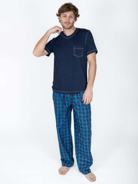 Creaciones Parisinas, Pijama caballero, pantalón cuadros, playera manga corta lisa.